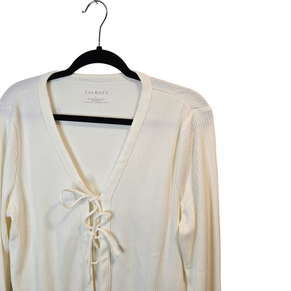 Talbots Cream Ribbed Tie-Front Cardigan - Picture 2 of 8